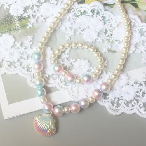 Rainbow Shell Colorful Glass Beads Pearl Necklace Bracelets Jewelry Set for Kids Girls Play Costume Children Party Jewelry Set