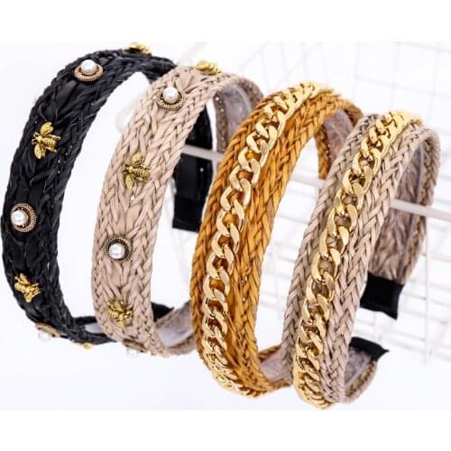 2021 New Korean Straw Braided Headband Pearl Chain Hairband Anti-slip Headwear Headdress Hair Hoop Women Girls Hair Accessories