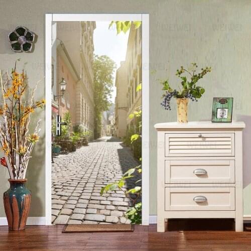 PVC Waterproof Self-adhesive Photo Mural Door Sticker European City Street View Cafe Living Room Door Decoration 3D Wallpaper