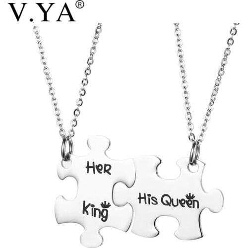 V.Ya Romantic Couple Necklaces Her King His Queen Crown Stainless Steel Pendant Necklace for Lover Jewelry Valentines Day Gifts