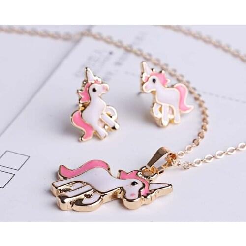 1Set Cute Pink Animal Horse Unicorn Necklace and Stud Earring Set Wedding Accessories Jewelry Sets For Women Girl Decoration BH