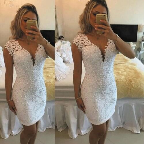SuperKimJo White Evening Dresses Short Cap Sleeve Lace Applique Beaded Cheap Evening Gown Cocktail Dresses Abiti Da Cerimonia