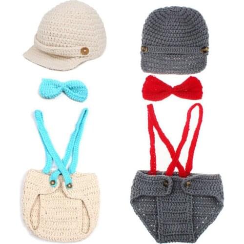 Gentleman Design Photography Props Newborn Baby Costume Outfit Infant Beret Suspender Diaper Set Handmade Knit Beanie Cap H194