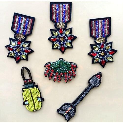 Handmade Rhinestone Beaded Military Badge Sew on Sequin Crystal patch for Clothing Beading Applique Scrapbooking