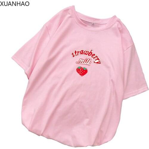 XUANHAO Kawaii Sweet Summer T-shirts for Girls Milk Strawberry Print Sweet women Short Sleeve T-Shirt funny Harajuku Tee Tops