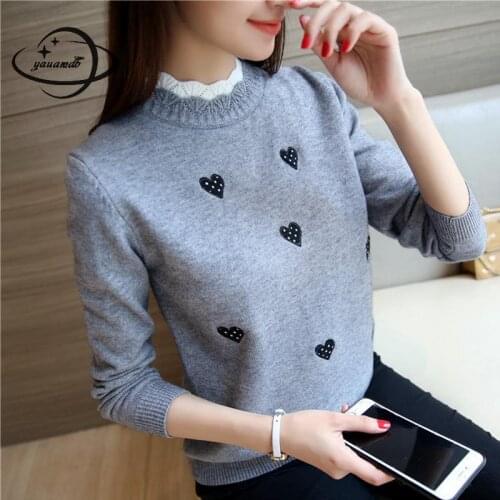 Yauamdb Women Sweater Autumn Spring Size S-xl Female Embroidery Knitted Pullovers Ladies Knitwear Love Warm Clothing Y27