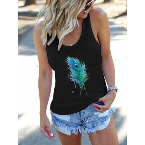 Green Feather Print Vintage Tank Tops Women Sleeveless Loose Tank Tops for Woman Summer Clothes Plus Size Casual Tee Shirt Femme