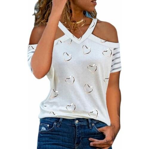 Summer V-neck Off Shoulder Tops Love Heart Print T-shirt Casual Women Shirt Vintage Loose Short Sleeve Pullover Tshirt
