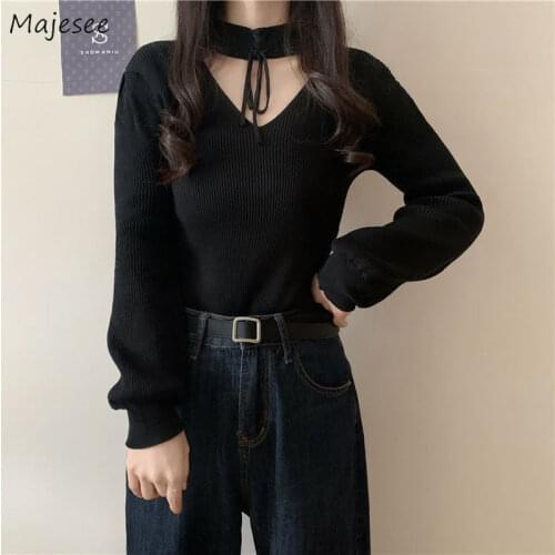Pullovers Women New Arrival Lace Up V-neck Lantern Sleeve Knitted Sweaters Sexy Ins Leisure Tops Ladies Korean Style Streetwear