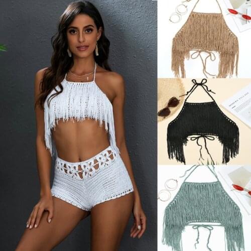 Women Sun Beach Tank Tops Swim Bra, Solid Color Tassel Crochet Open Back Bikini Bra Camisole White Black Khaki Lake Green S M L