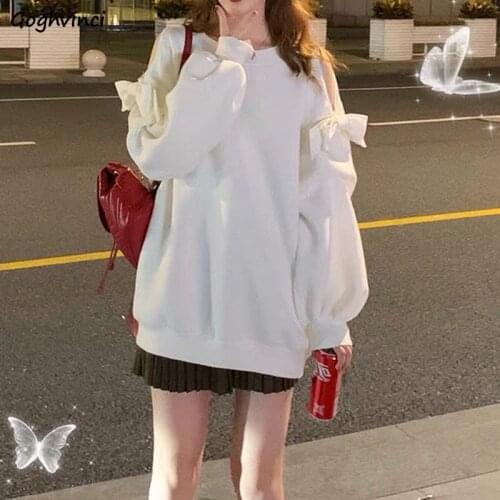 No Hat Hoodies Women Bow Off Shoulder Plus Velvet Solid Oversize Loose All-match Sweet Trendy Casual Pullovers Korean Style New