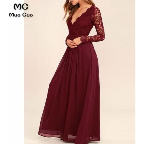 Burgundy Long Sleeves Evening Dresses Long with Lace Deep V-Neck Chiffon Backless Formal Evening Party Dress for Women