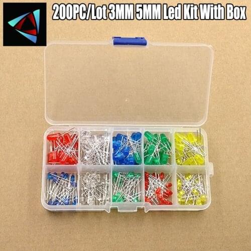 200PC/Lot 3MM 5MM Led Kit With Box Mixed Color Red Green Yellow Blue White Light Emitting Diode Assortment 20PCS Each New