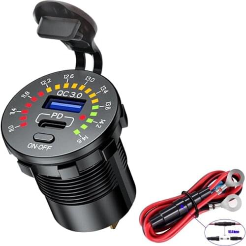 36W Power Delivery PD Type C USB Car Charger Socket QC 3.0 Quick Charger 12V/24V Waterproof for Motorcycle Marine Boat RV ATV