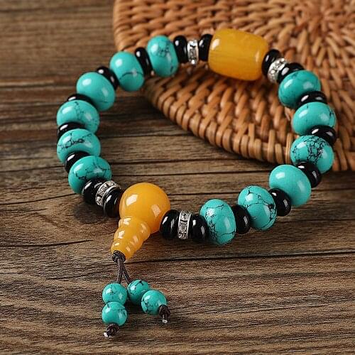 Ethnic style bracelet Chinese wind Turquoise Red Pine Stone Bracelet Tibetan Buddhist beads rosary beads hand plate Beads Bracel