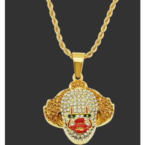 Trendy Women Men Face Joker Pendant Necklace Hip Hop Jewelry Statement Rhinestone Enamel Gold Long Chain Necklace Gifts