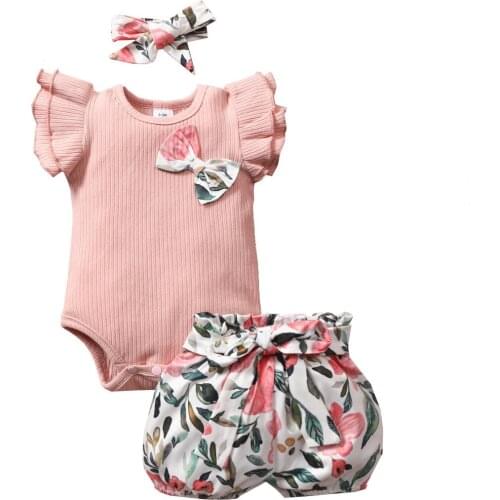 Children baby girl pit striped flying sleeve bowknot romper European American plant printing headscarf shorts suit two-piece