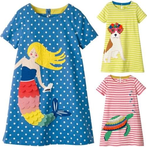 Mermaid Baby Girls Dresses Jumper Fashion Children Clothes Stripe Dot Girl One-Piece Dress Dog Kids Blouses Outfit Tops 2-10Year
