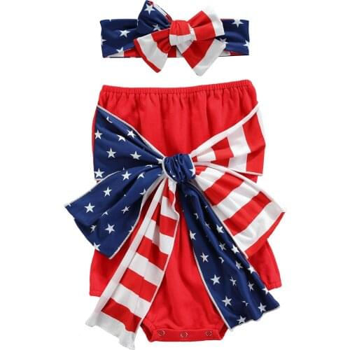 0-24 Months Baby Girls Casual Cotton Strapless Romper Unique Independence Day Bow Jumpsuits And Headband Soft Skin-Friendly