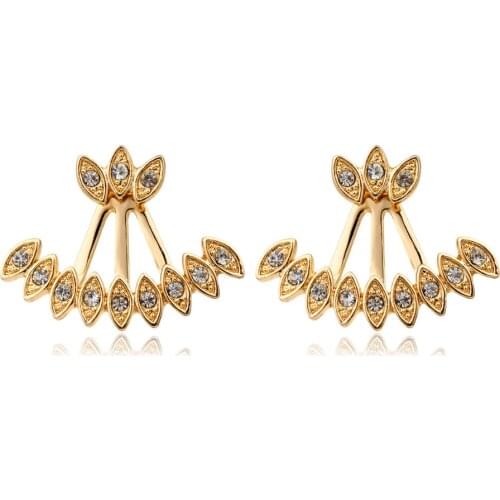 Ear Jacket Double Sided Gold Color Peacock Feather Eye Pave CZ Back And Front Swing Stud Earrings For Women Girls Jewelry Aros