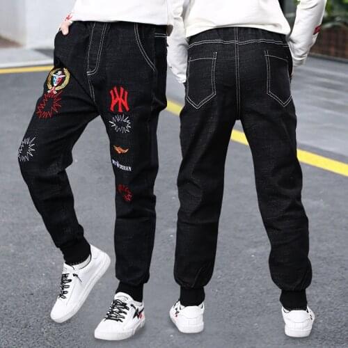 New Fashion Kid Boys Jeans Trousers Autumn Children Cartoon Embroidery Long Pants Teenage Black Denim Clothes 4 8 12 14 Years