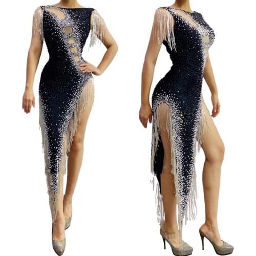 Nightclub Female Singer Stage Sexy Rhinestone Fringe Black Dress Gogo Dancer DJ DS Bar Performance Costumes Rave Outfits DWY5564