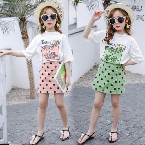 Summer 2021 Girls Clothes Sets Outfits Kids Clothes Short Sleeve+Dots Short Skirt Children Clothing Set 4 5 6 7 8 10 11 12 Years