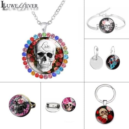 New 595 Rose Skull Glass Necklace Bracelet 20mm 25mm Round Glass Cabochon Jewelry For Unisex Charm Pendant