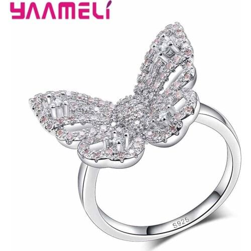 Cute 925 Sterling Silver Full Shiny White Butterfly Animal Finger Ring 925 Sterling Silver Party Jewelry Wholesale