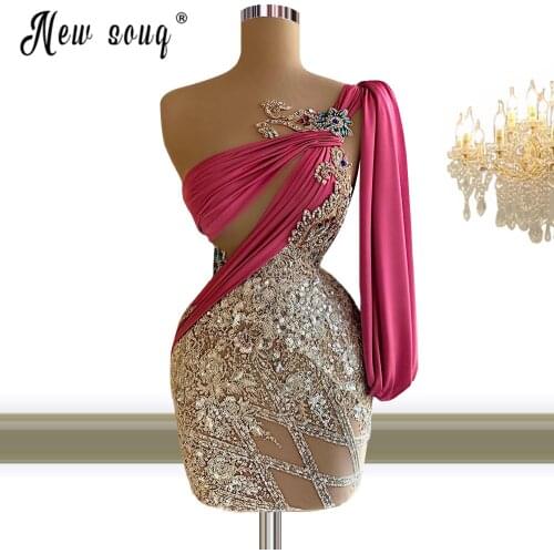 Dubai Sparkly Beaded Mini Cocktail Party Dresses 2021 Sexy One Shoulder Pleated Gold and Pink Mermaid Evening Dress Robes
