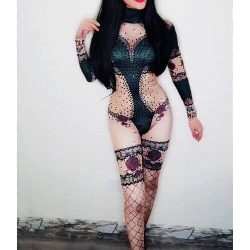 Fashion Black Rose Flower Stretch Jumpsuit Sexy Nightclub Dance Wear Rhinestone Bodysuit Leggings Outfit Performance Clothing