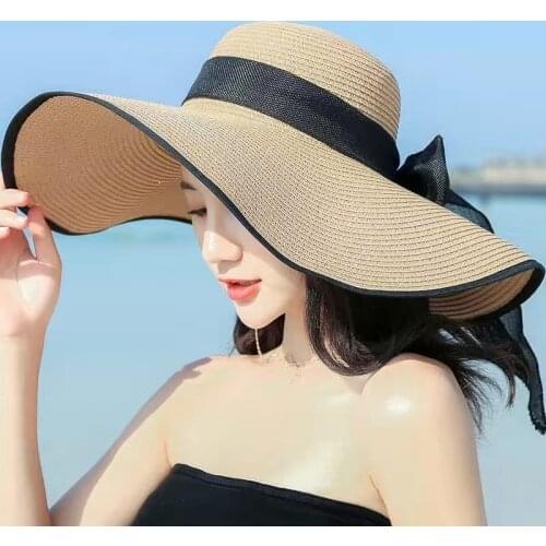 New Summer Large Brim Straw Hat Floppy Wide Brim Sun Cap Visor Hat Bowknot Beach Foldable Hats Fashion Hats for Women Ceau Femme