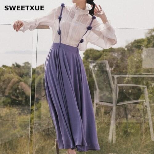 SWEETXUE Autumn Women Suit French Retro High Collar Girl Perspective Top Purple Flower Strap Skirt Elegant Vintage 2 Pieces Set