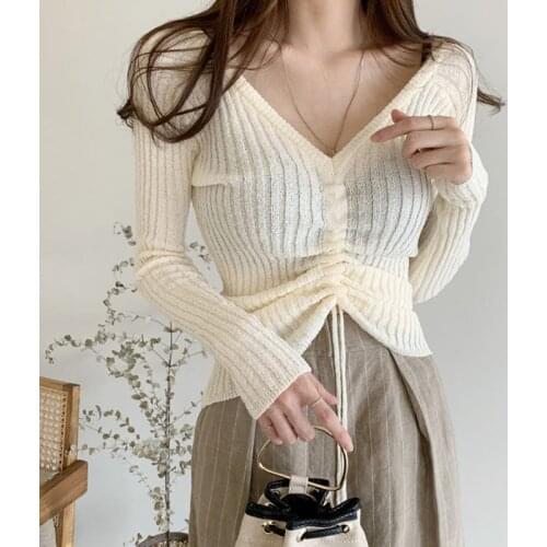 2021 V-NeckThin section Drawstring Pullovers Sweaters High Waist Unicolor All Match Slim Warm Casual Outwear Autumn Women Tops