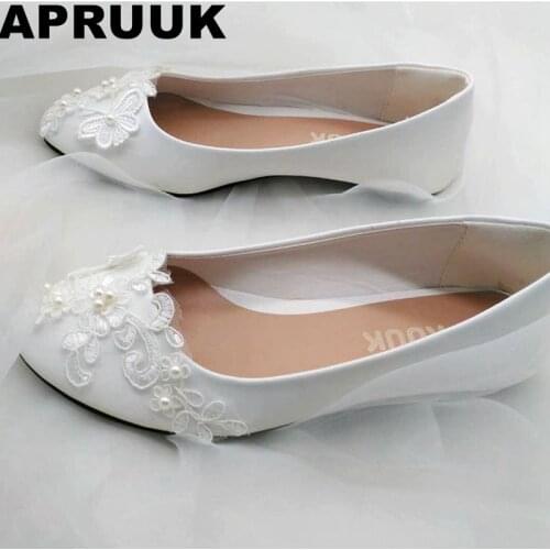 SALES PROMOTION! Sweet white lace pearls wedding shoes flat heel lady flower girl bridesmaid butterfly lace flats shoes