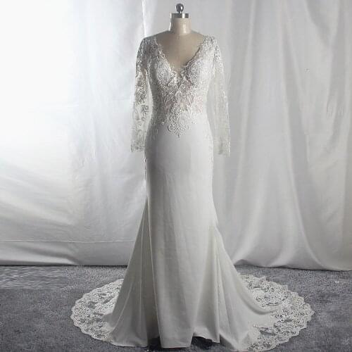 RSW1687 Real Pictures Yiaibridal Matte Satin Long Sleeve V Neck Cut-Out Hem Robe Mariage Civil