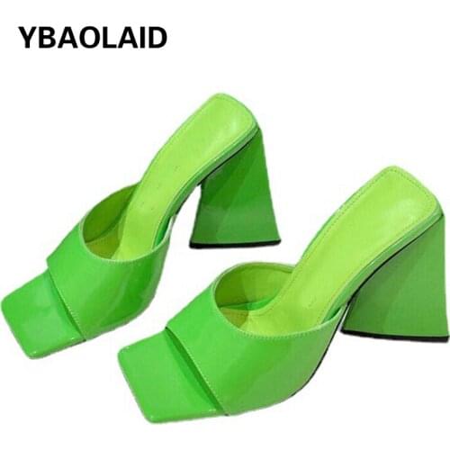 Square Toe Silk Triangle Thick Heel Slippers 2021 Summer New Style Open-toed Patent Leather High-heeled Fashion Slippers