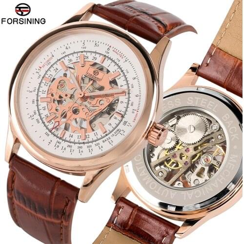 Stylish Skeleton Mechanical Watches for Men Stainless Steel Leather Band Casual Hand-wind Mechanical Watch for Teenagers