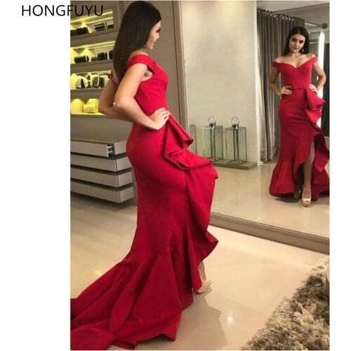HONGFUYU Sheath Red Evening Prom Dresses with Side Cascade Split Off Shoulder robe de soiree Party Gowns Carpet Celebrity Dress