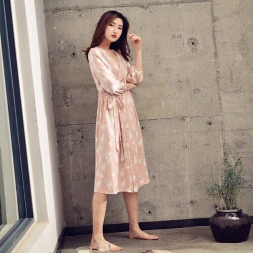 Spring Simple Three Quarter Nightdress V-Neck Cartoon Silk-like Nightgown Mid-Calf Sleepshirts Plus Size Sleep Wear Satin Nighty