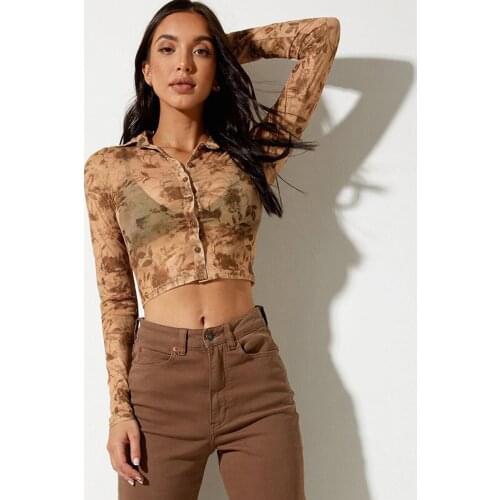 Women Button-down Shirt,Fashion Slim 2021 Summer New Adults Plant Print Long Sleeve Turn-down Collar Crop Tops Hot Outfits