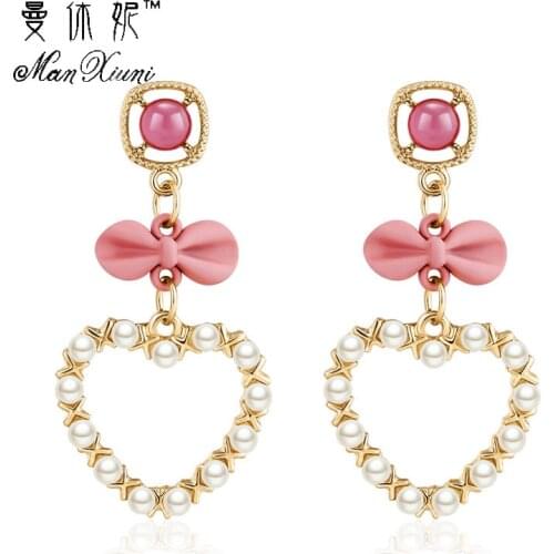 Luxury oorbellen Rhineatone Bow tie Long Drop Dangle Earring Fashion Charm Pearl Heart Earrings for Women Jewelry Wholesale