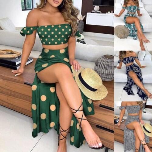 New Floral Print Beach Long Skirts Sets Tight Sexy Off Shoulder Tops +Split Skirt Suit Summer Party Two Piece Set Women
