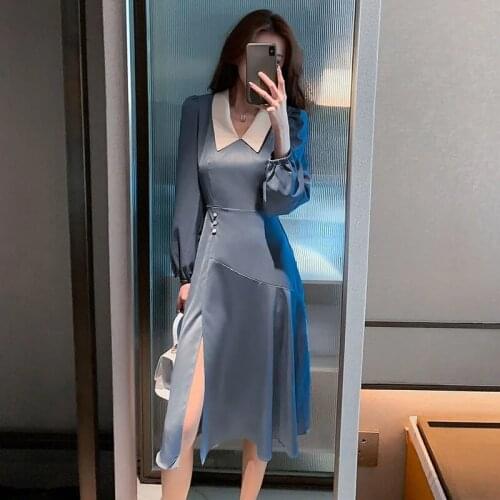 Womens Spring New Chic Lapel Elegant Retro High Waist Split Hepburn Long-Sleeved Dress 3XL
