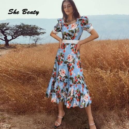 She Beaty Women Dress Vintage Square Neck Puff Sleeve High Waist Floral Print Elegant Office Lady Party Beach Chic Dresses Robes