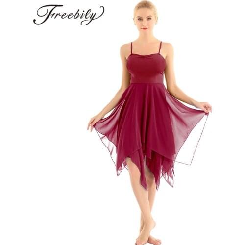 Adult Asymmetrical Chiffon Spaghetti Straps Women Modern Ballroom Dancing Dress Ballet Tutu Contemporary Lyrical Dance Costumes