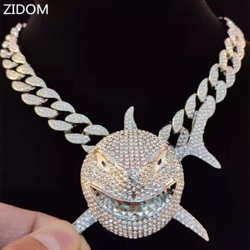 Big Size Shark Pendant Necklace For Men 6IX9INE Hip Hop Bling Jewelry With Iced Out Crystal Miami Cuban Chain fashion jewelry