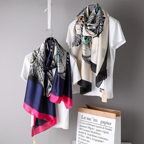 Brand Designer Silky Scarf Cute Women Silk Animal Scarves Cat Foulard Pashmina Lady Shawls and Wraps Bufanda