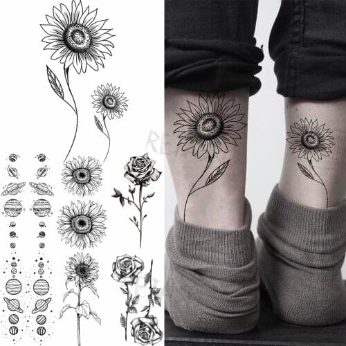 Black Unique Sunflower Temporary Tattoos For Women Adult Planet Universe Rose Fake Tattoo Sticker Arm Neck Feet Washable Tatoos