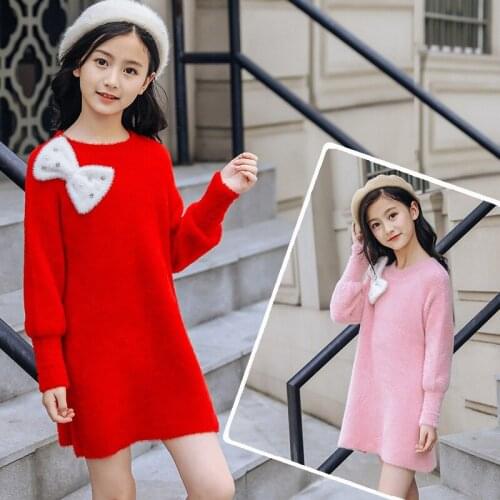 Warm Long Sweaters Dress For Girls Clothing Winter Sweater Bow Diamonds Childrens Clothes Wear Big Girl Pullovers Thick Sweater